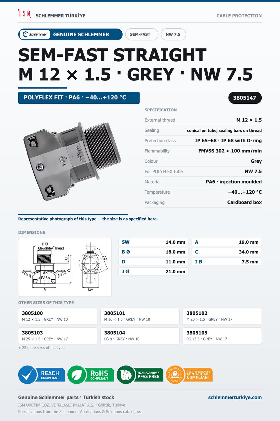 SEMFAST STRAIGHT M12 X 1.5 NW07.5 GREY