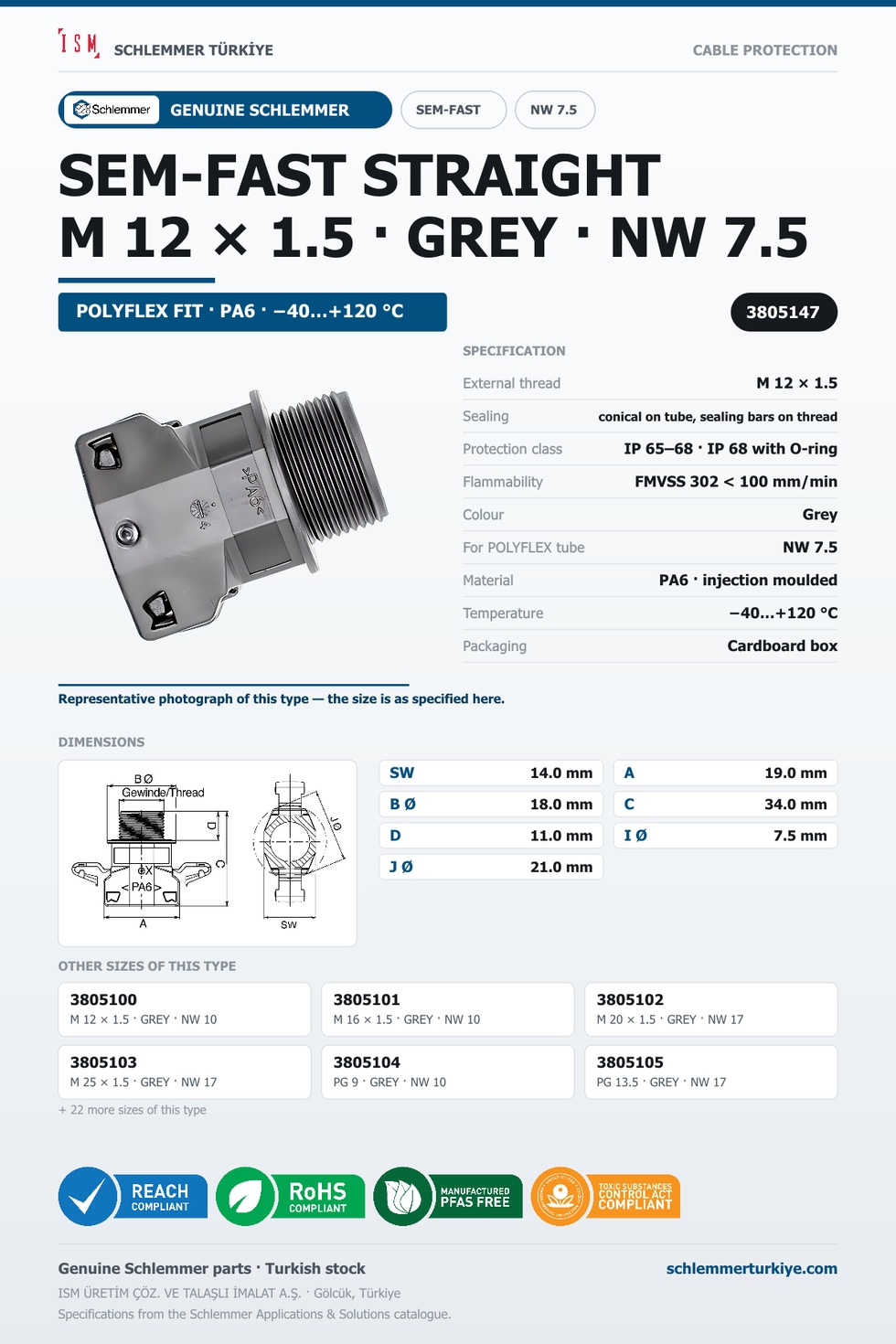 SEMFAST STRAIGHT M12 X 1.5 NW07.5 GREY
