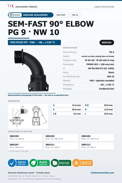 SEMFAST 90D ELBOW PG9 NW10 BLACK
