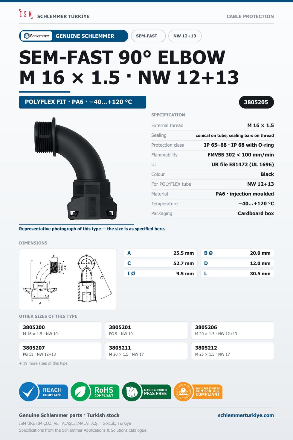 SEMFAST 90D ELBOW M16 X 1.5 NW12 + 13 BLACK