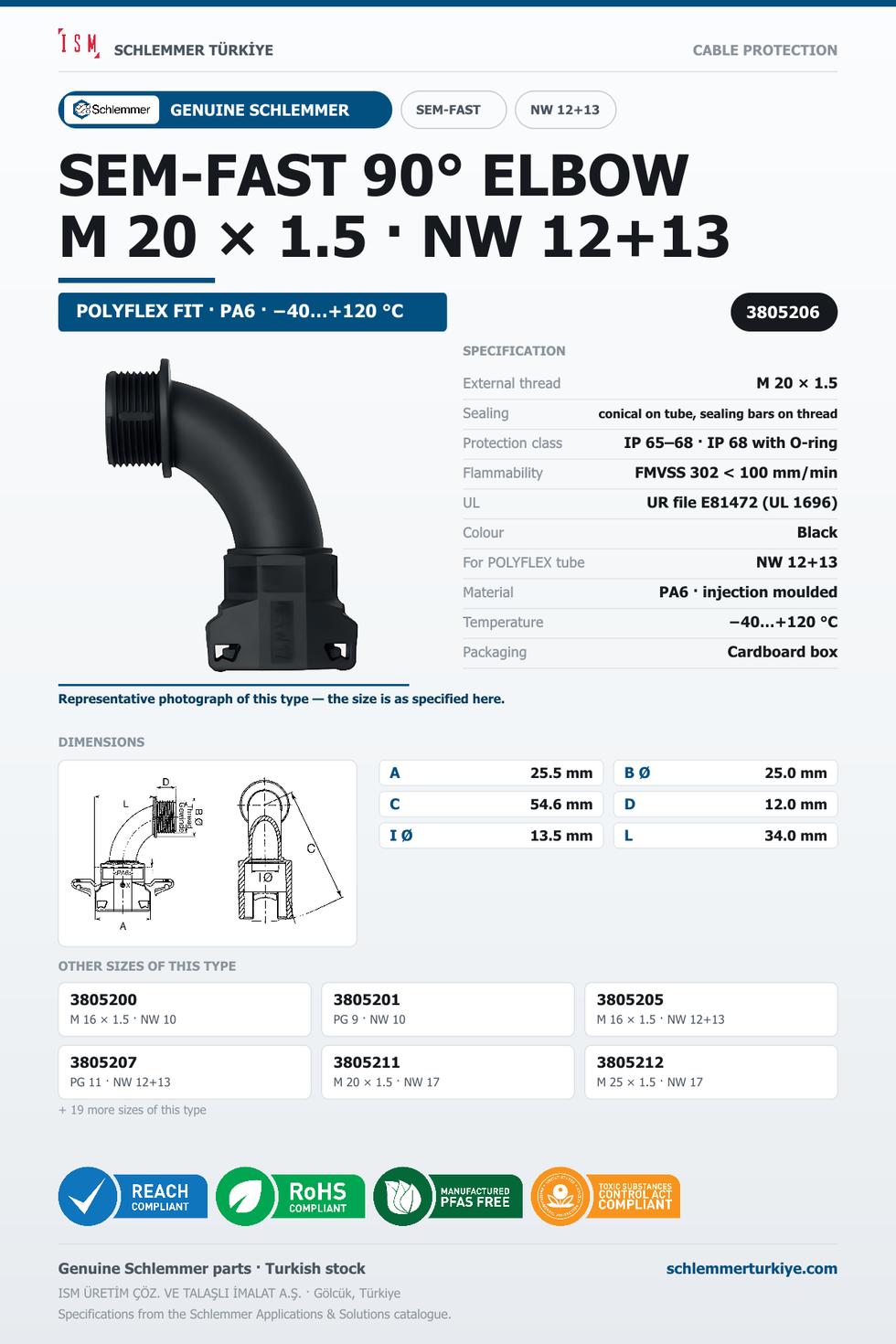 SEMFAST 90D ELBOW M20 X 1.5 NW12 + 13 BLACK