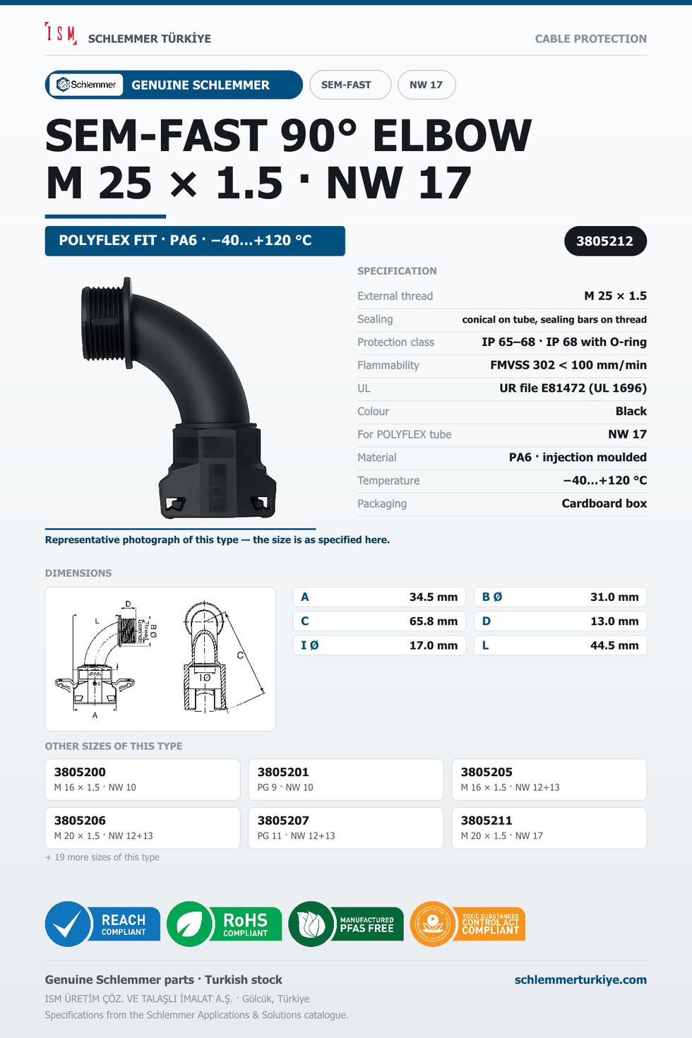 SEMFAST 90D ELBOW M25 X 1.5 NW17 BLACK