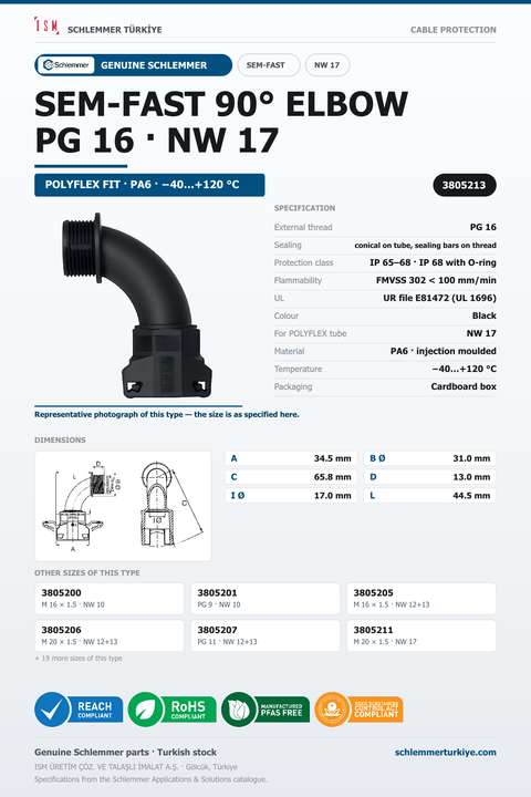 SEMFAST 90D ELBOW PG16 NW17 BLACK