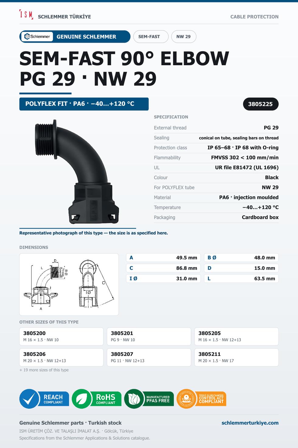SEMFAST 90D ELBOW PG29 NW29 BLACK