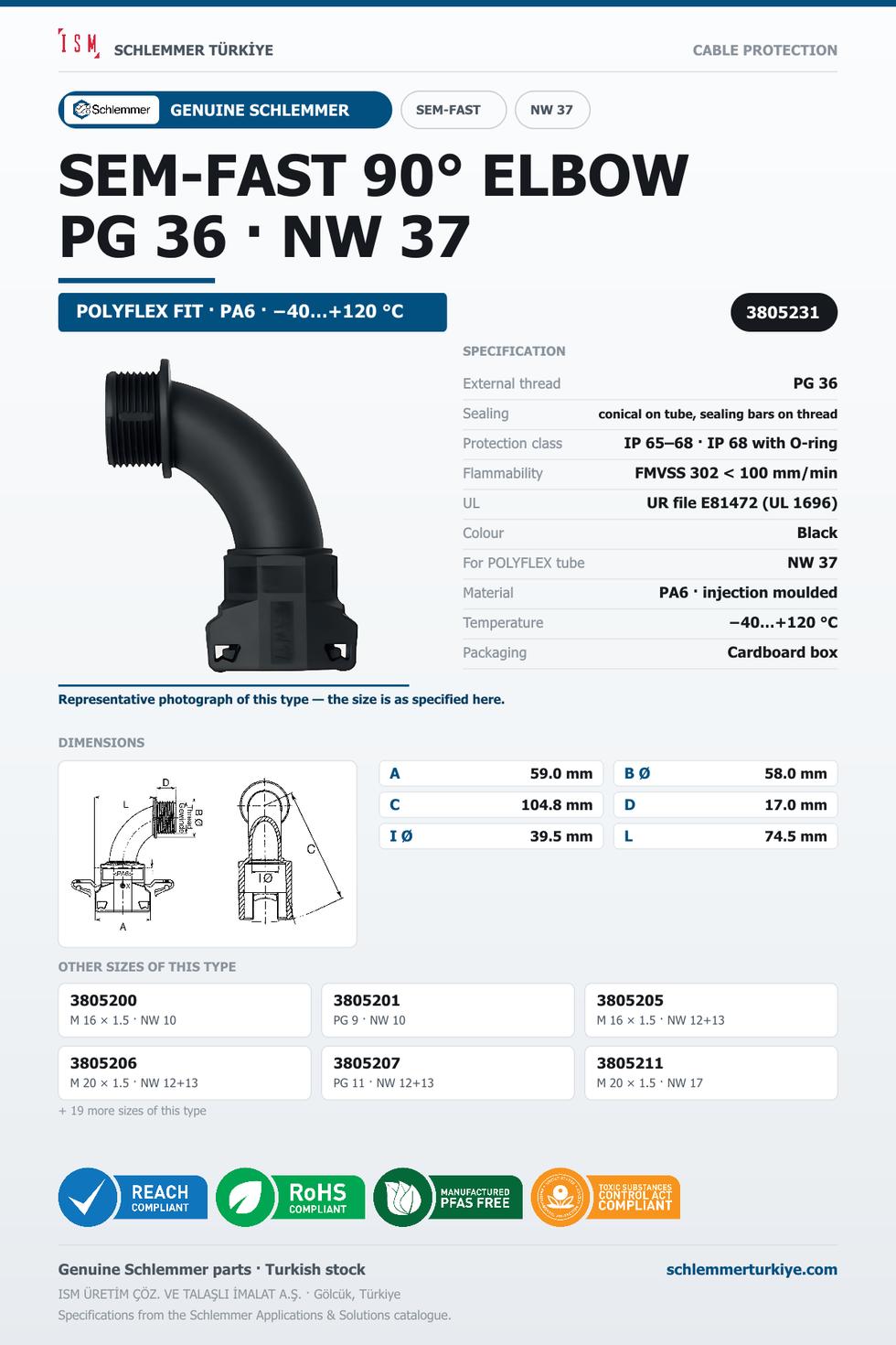 SEMFAST 90D ELBOW PG36 NW37 BLACK