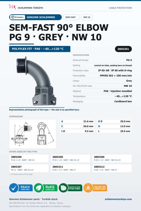 SEMFAST 90D ELBOW PG9 NW10 GREY