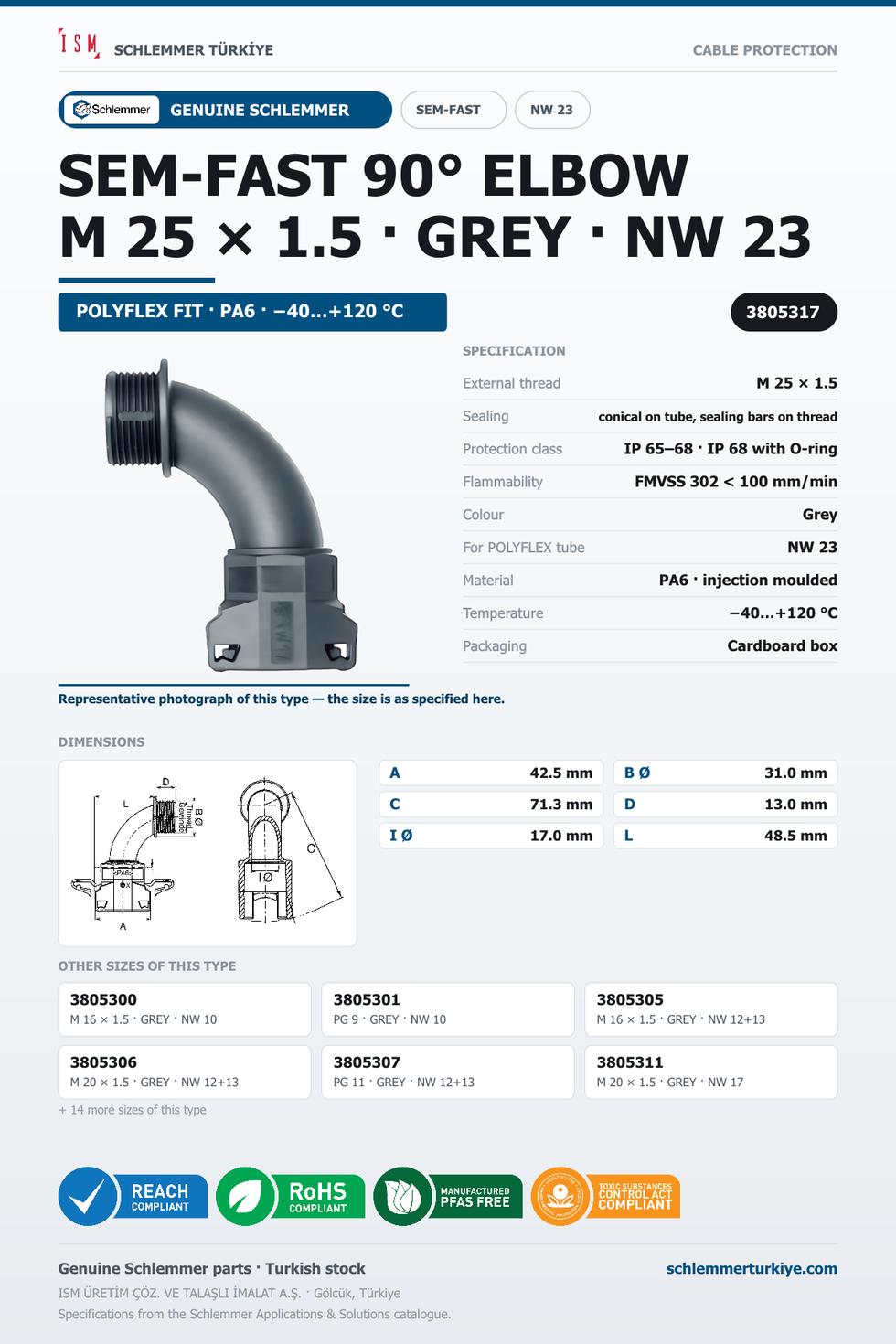 SEMFAST 90D ELBOW M25 X 1.5 NW23 GREY