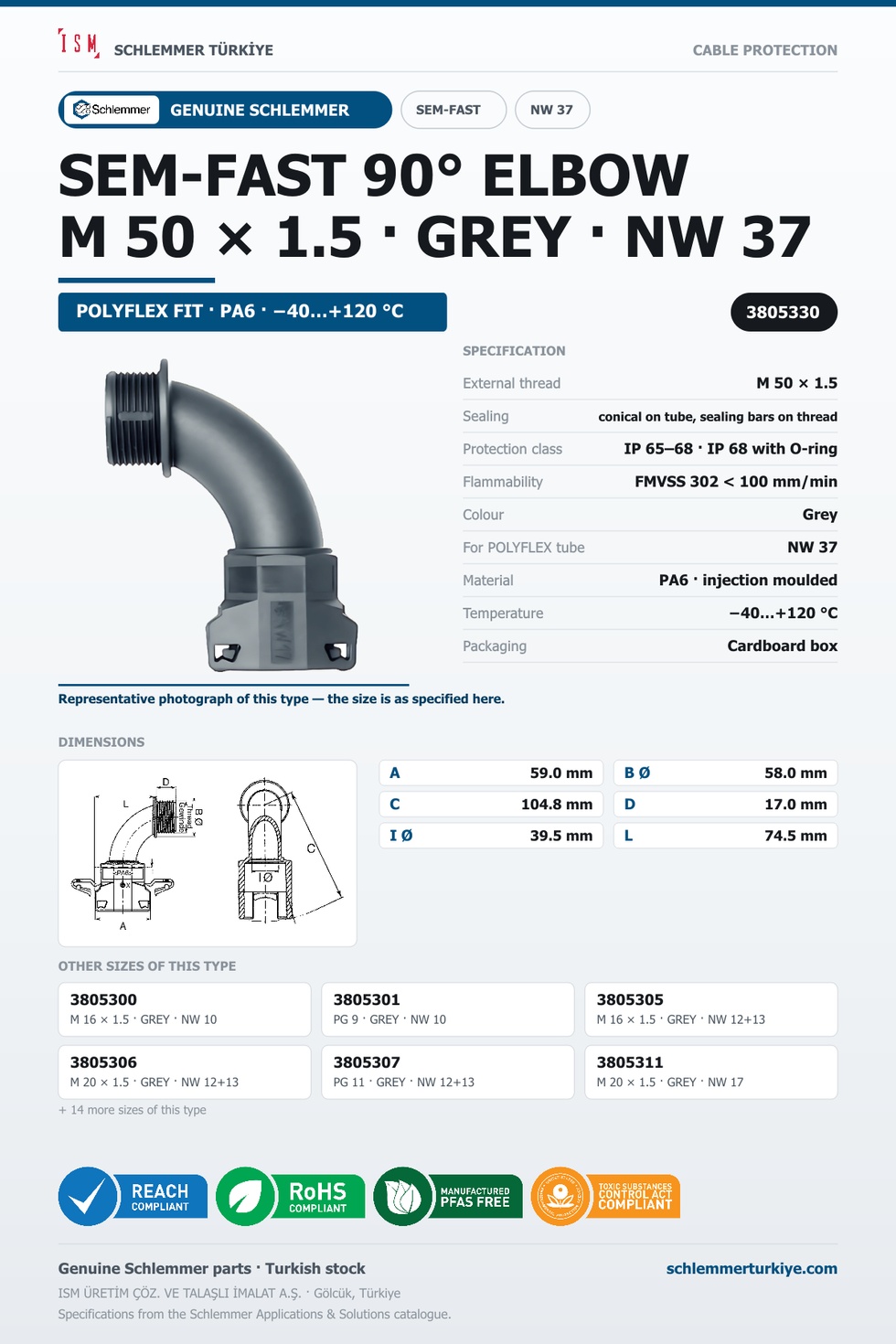 SEMFAST 90D ELBOW M50 X 1.5 NW37 GREY