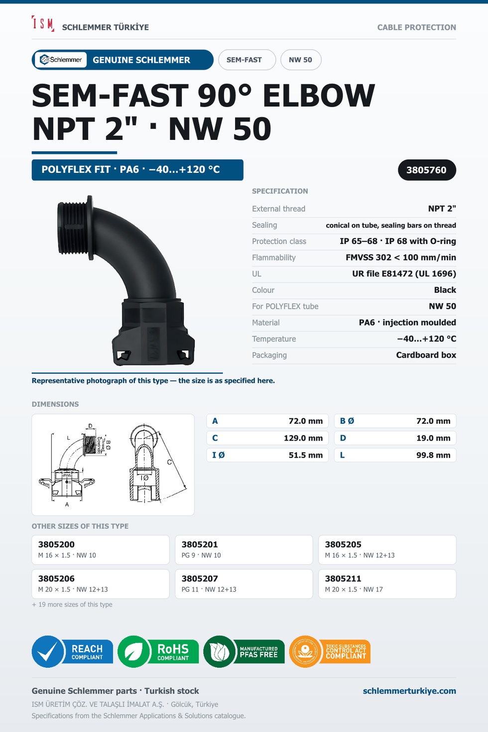 SEMFAST 90D ELBOW NPT2" NW50 BLACK