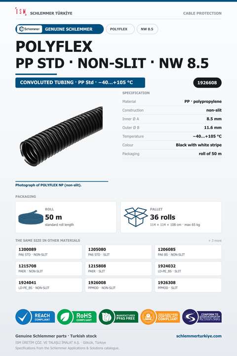 POLYFLEX NW08.5 NORMAL NONSLIT PP BKIW RLX 50 Meters