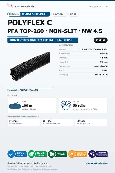 POLYFLEX C NW04.5 NORMAL NONSLIT PFA TOP-260 RLX 100 Meters