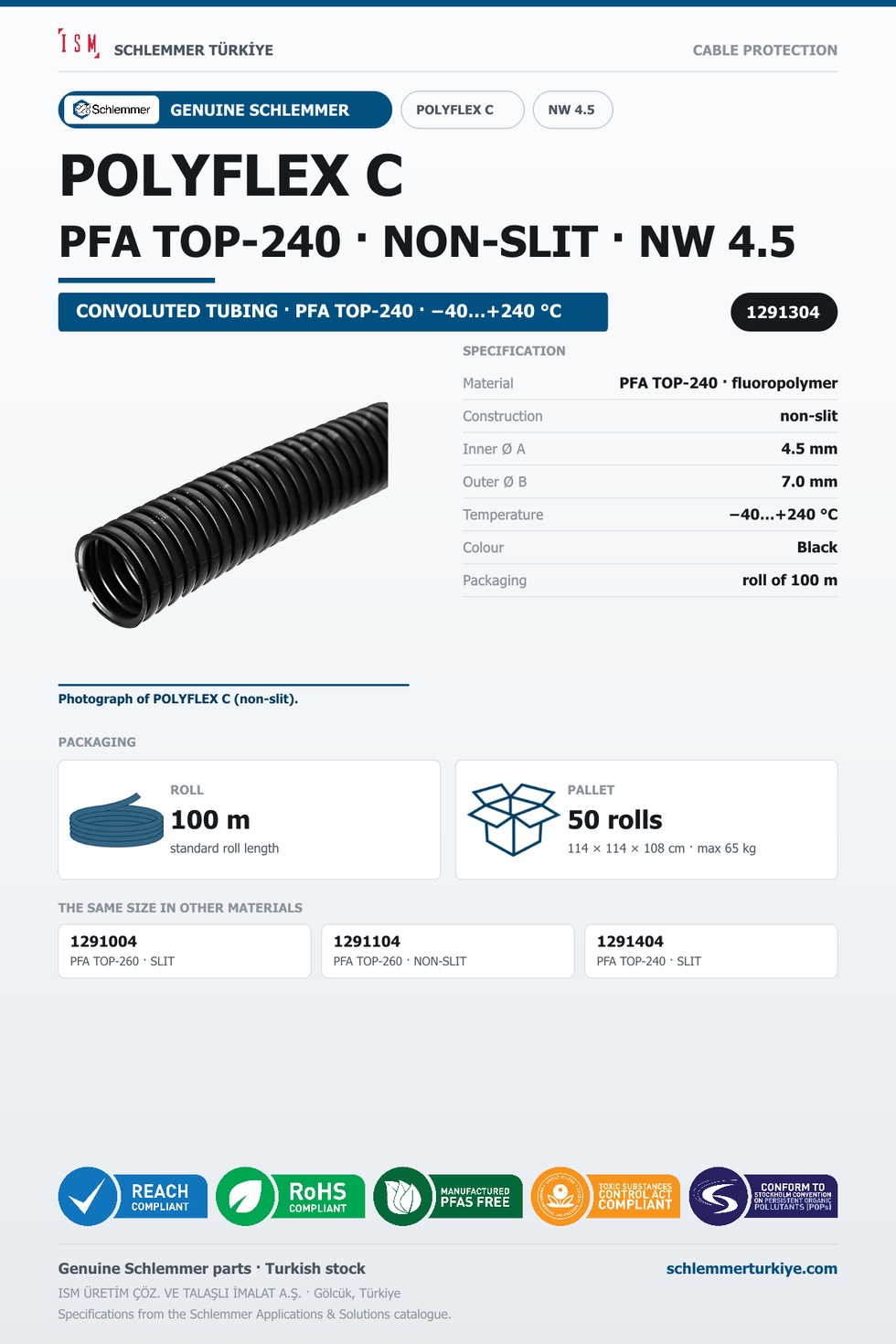 POLYFLEX C NW04.5 NORMAL NONSLIT PFA TOP-240 RLX 100 Meters