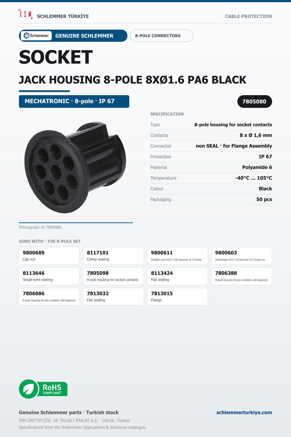 SOCKET JACK HOUSING 8-POLE 8XØ1.6 PA6 BLACK