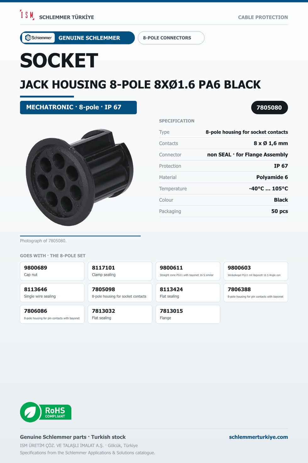 SOCKET JACK HOUSING 8-POLE 8XØ1.6 PA6 BLACK