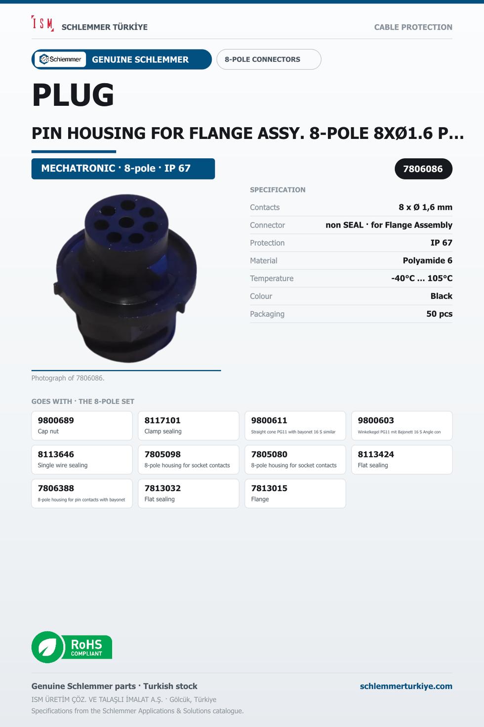 PLUG PIN HOUSING FOR FLANGE ASSY. 8-POLE 8XØ1.6 PA6 BAYONET 16S SIMILAR VG 95234 BLACK