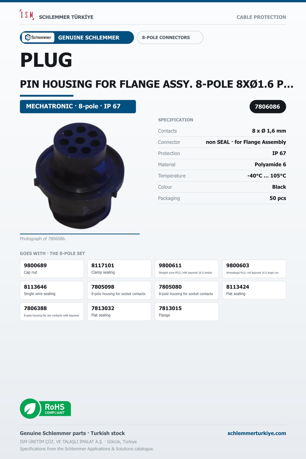 PLUG PIN HOUSING FOR FLANGE ASSY. 8-POLE 8XØ1.6 PA6 BAYONET 16S SIMILAR VG 95234 BLACK