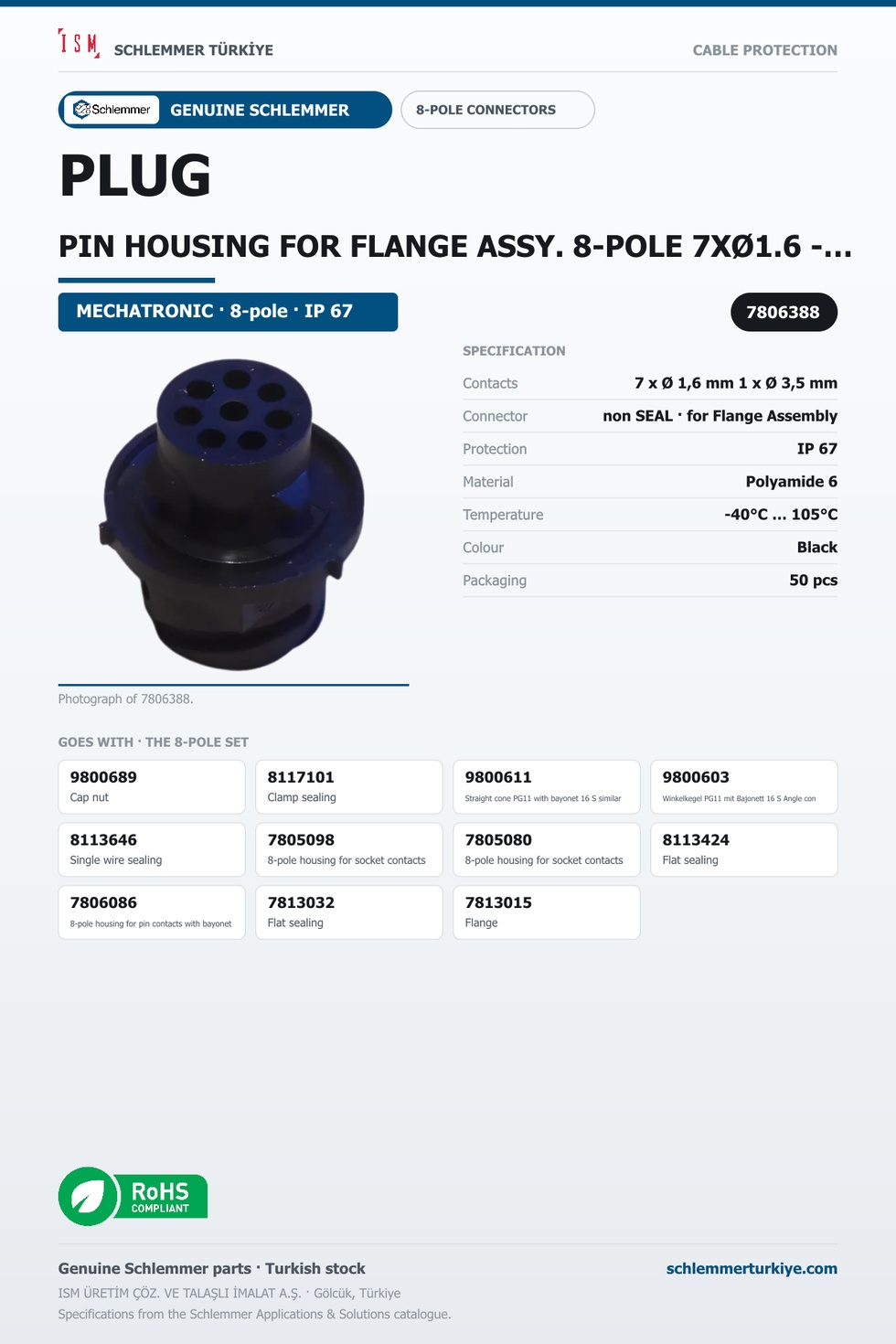PLUG PIN HOUSING FOR FLANGE ASSY. 8-POLE 7XØ1.6 - 1XØ3.5 BAYONET 16S SIMILAR VG 95234 PA6 BLACK
