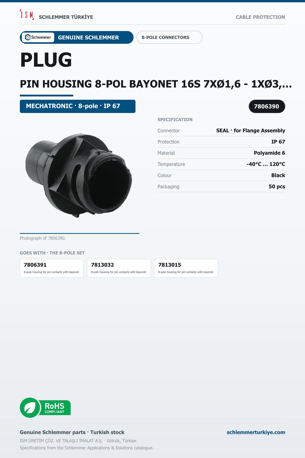 PLUG PIN HOUSING 8-POL BAYONET 16S 7XØ1,6 - 1XØ3,5 PA6GF30/SI BLACK