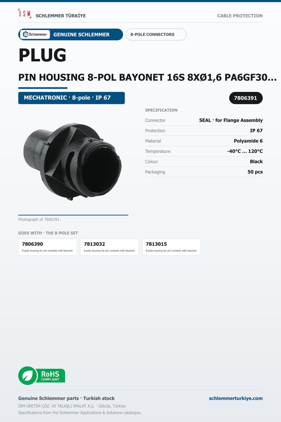 PLUG PIN HOUSING 8-POL BAYONET 16S 8XØ1,6 PA6GF30/SI BLACK