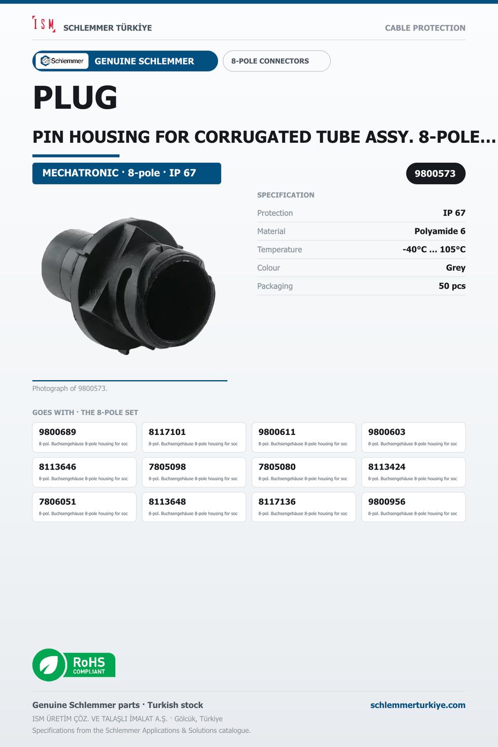 PLUG PIN HOUSING FOR CORRUGATED TUBE ASSY. 8-POLE 7XØ1.6 - 1XØ3.5 BAYONET 16S PA6 BLACK