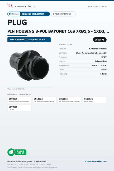 PLUG PIN HOUSING 8-POL BAYONET 16S 7XØ1,6 - 1XØ3,5 PA6GF30/SI BLACK