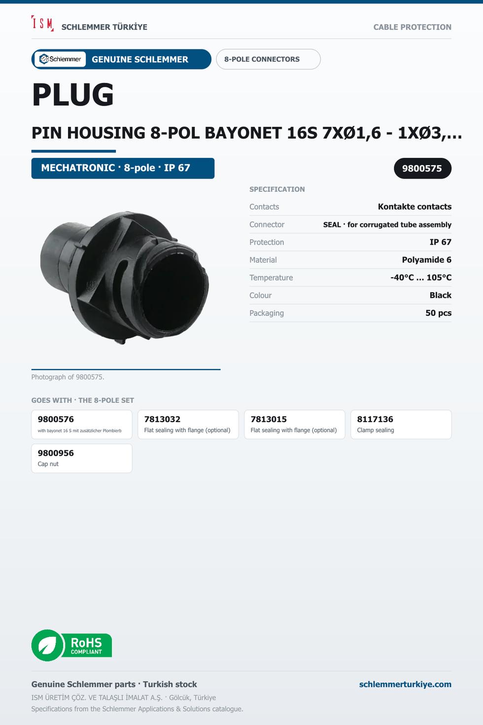 PLUG PIN HOUSING 8-POL BAYONET 16S 7XØ1,6 - 1XØ3,5 PA6GF30/SI BLACK
