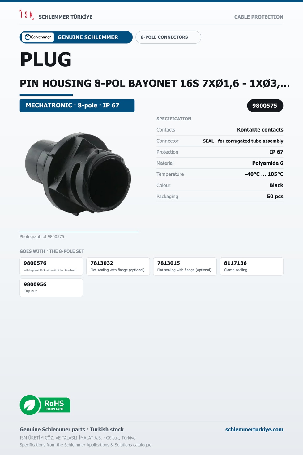 PLUG PIN HOUSING 8-POL BAYONET 16S 7XØ1,6 - 1XØ3,5 PA6GF30/SI BLACK