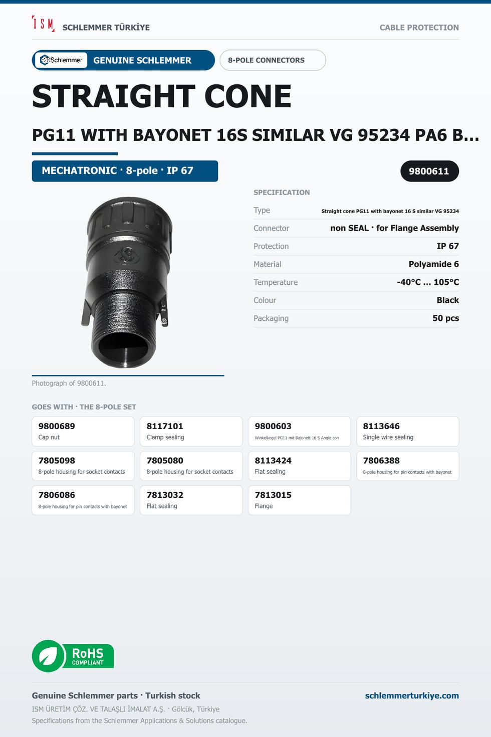 STRAIGHT CONE PG11 WITH BAYONET 16S SIMILAR VG 95234 PA6 BLACK