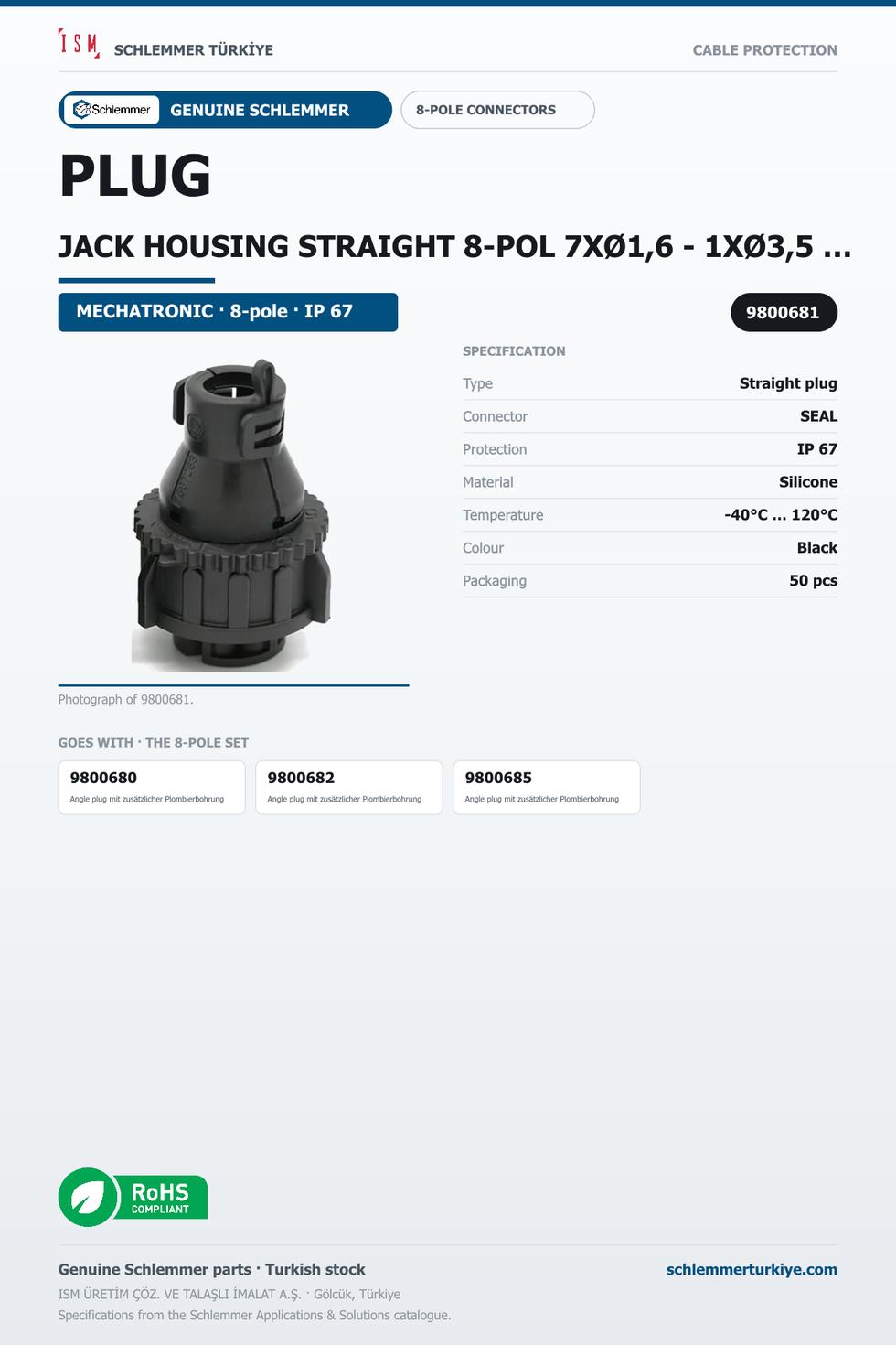 PLUG JACK HOUSING STRAIGHT 8-POL 7XØ1,6 - 1XØ3,5 PA6/SI BLACK