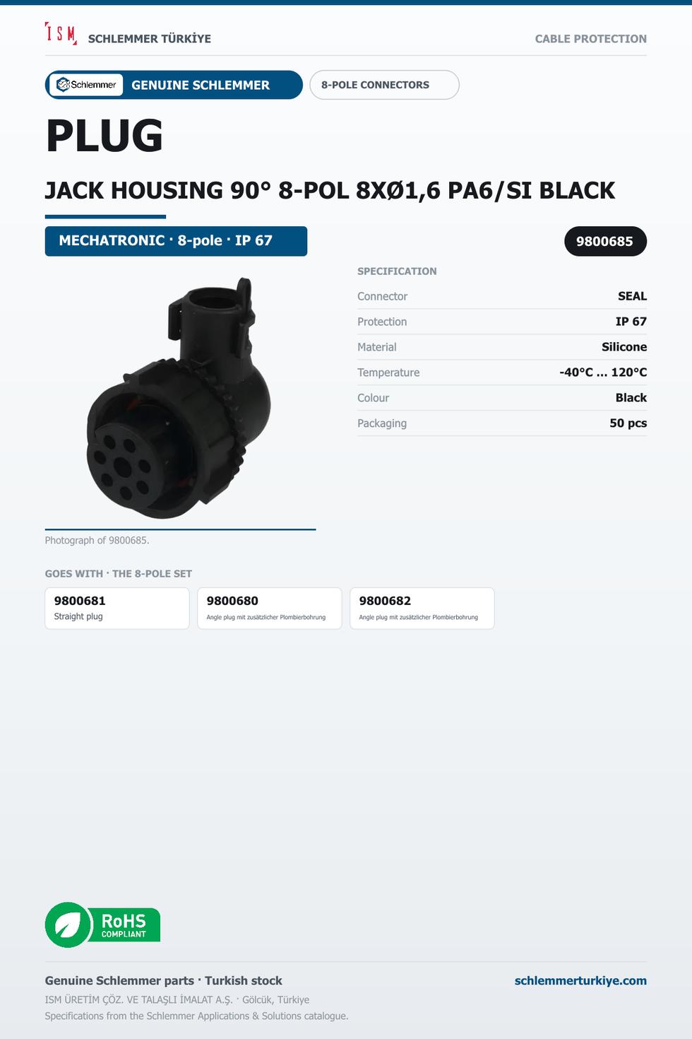 PLUG JACK HOUSING 90° 8-POL 8XØ1,6 PA6/SI BLACK