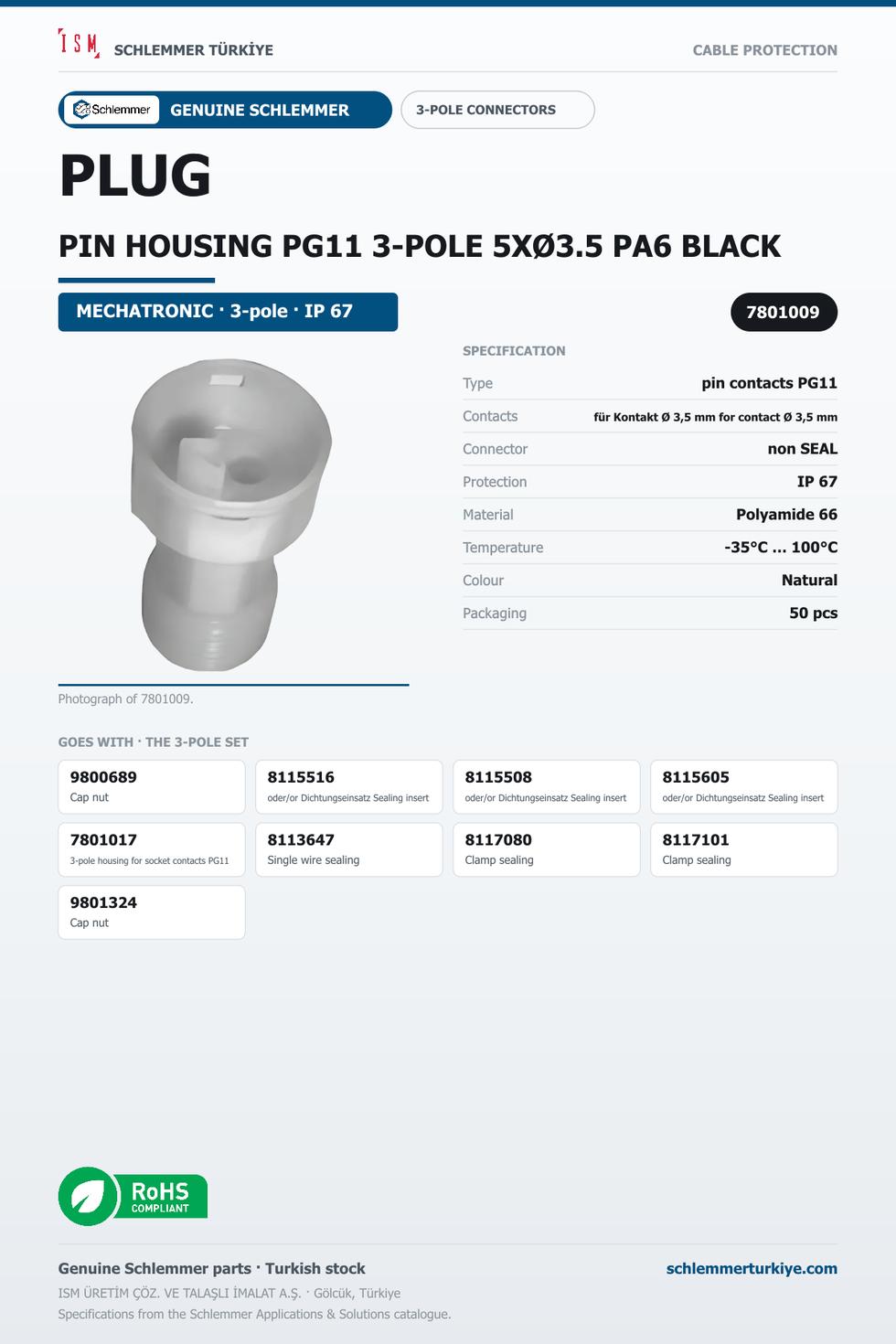 7801009PLUG PIN HOUSING PG11 3-POLE 5XØ3.5 PA6 BLACK