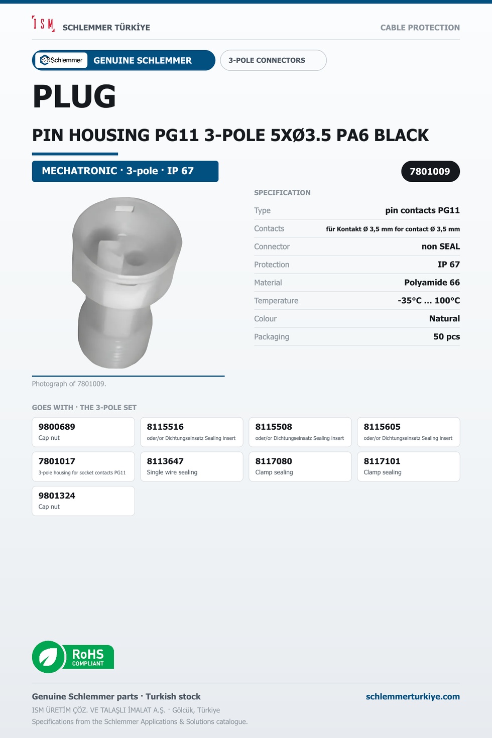 7801009PLUG PIN HOUSING PG11 3-POLE 5XØ3.5 PA6 BLACK