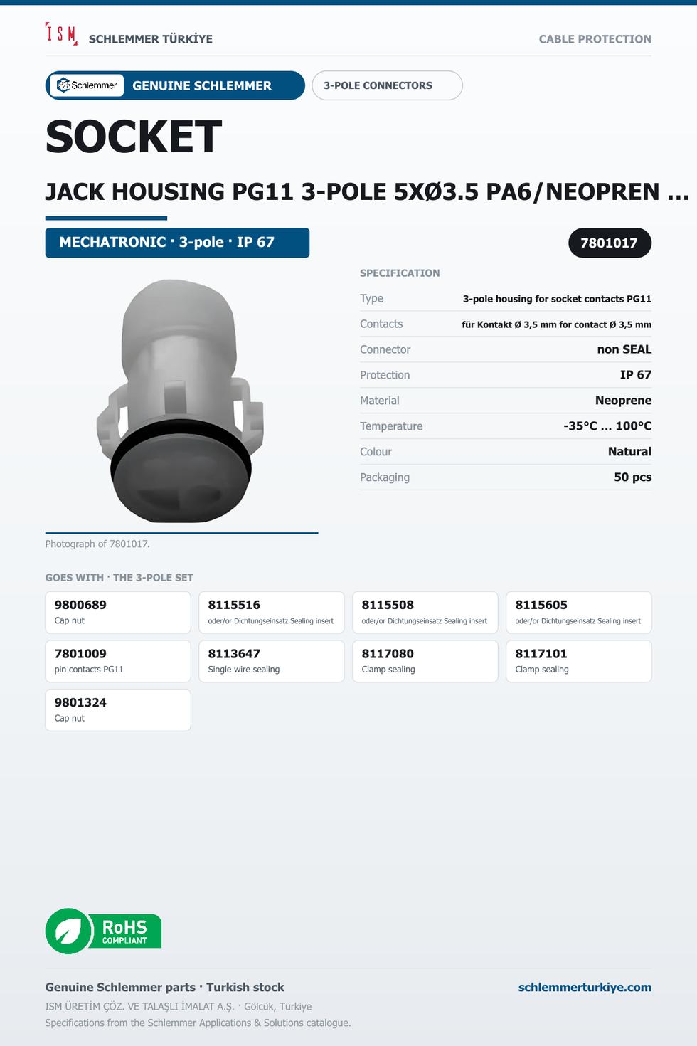 SOCKET JACK HOUSING PG11 3-POLE 5XØ3.5 PA6/NEOPREN BLACK