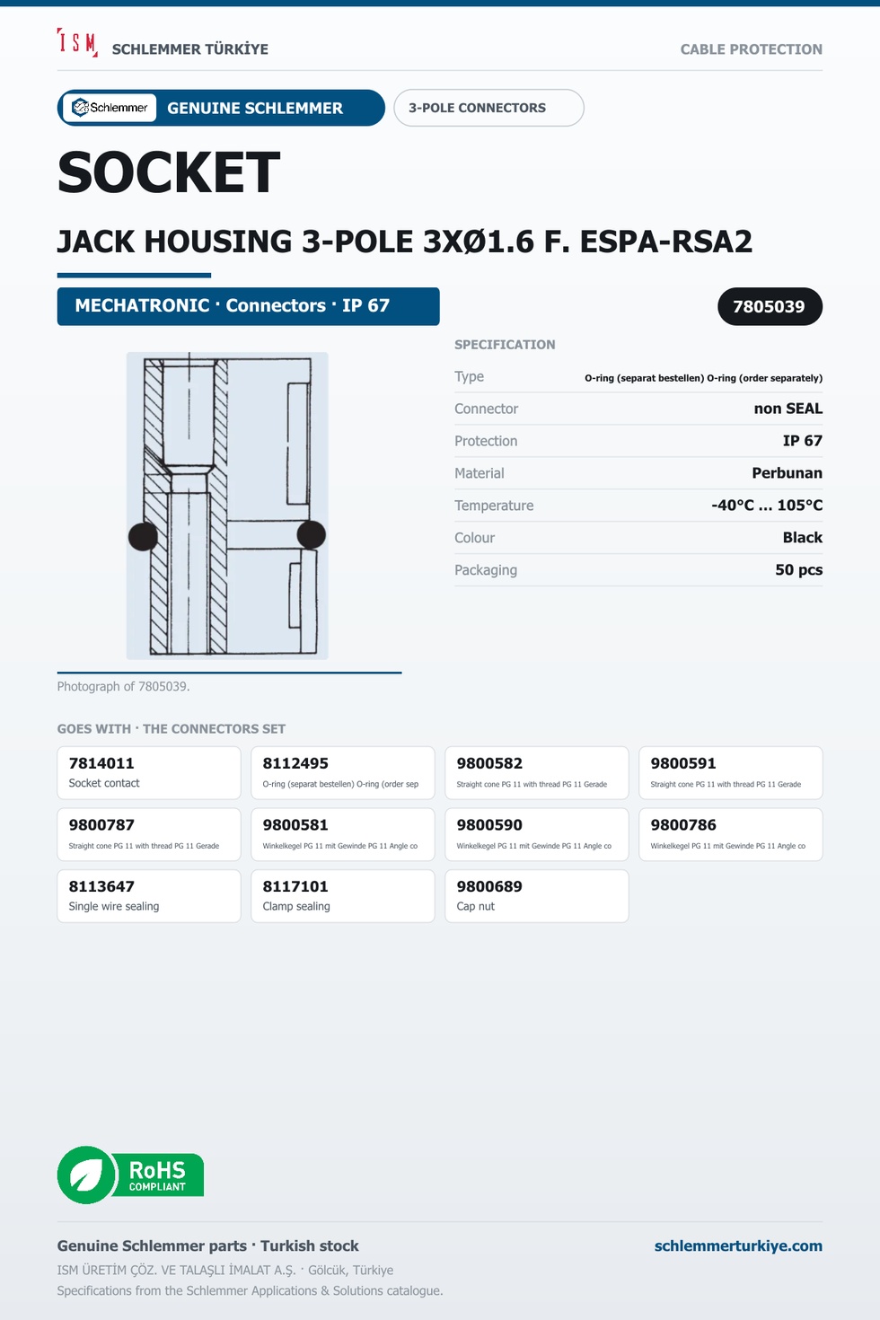 SOCKET JACK HOUSING 3-POLE 3XØ1.6 F. ESPA-RSA2