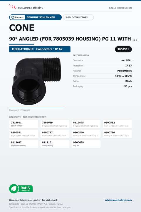 CONE 90° ANGLED (FOR 7805039 HOUSING) PG 11 WITH BAYONET 10SL PA6 BLACK