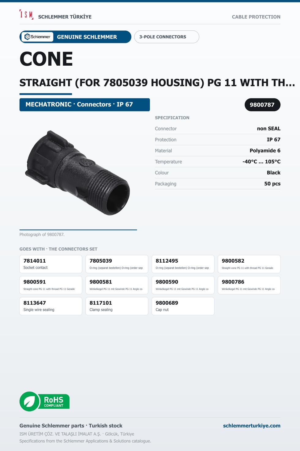 CONE STRAIGHT (FOR 7805039 HOUSING) PG 11 WITH THREAD M18x1 PA6 BLACK