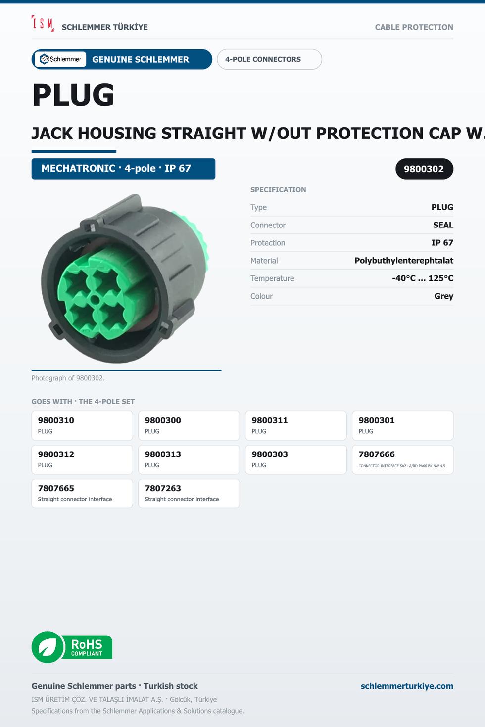 PLUG JACK HOUSING STRAIGHT W/OUT PROTECTION CAP WITH PRESSURE COMPANSATION 4-POL 4XØ2.5 PBP/PA6/SI GREEN/GREY
