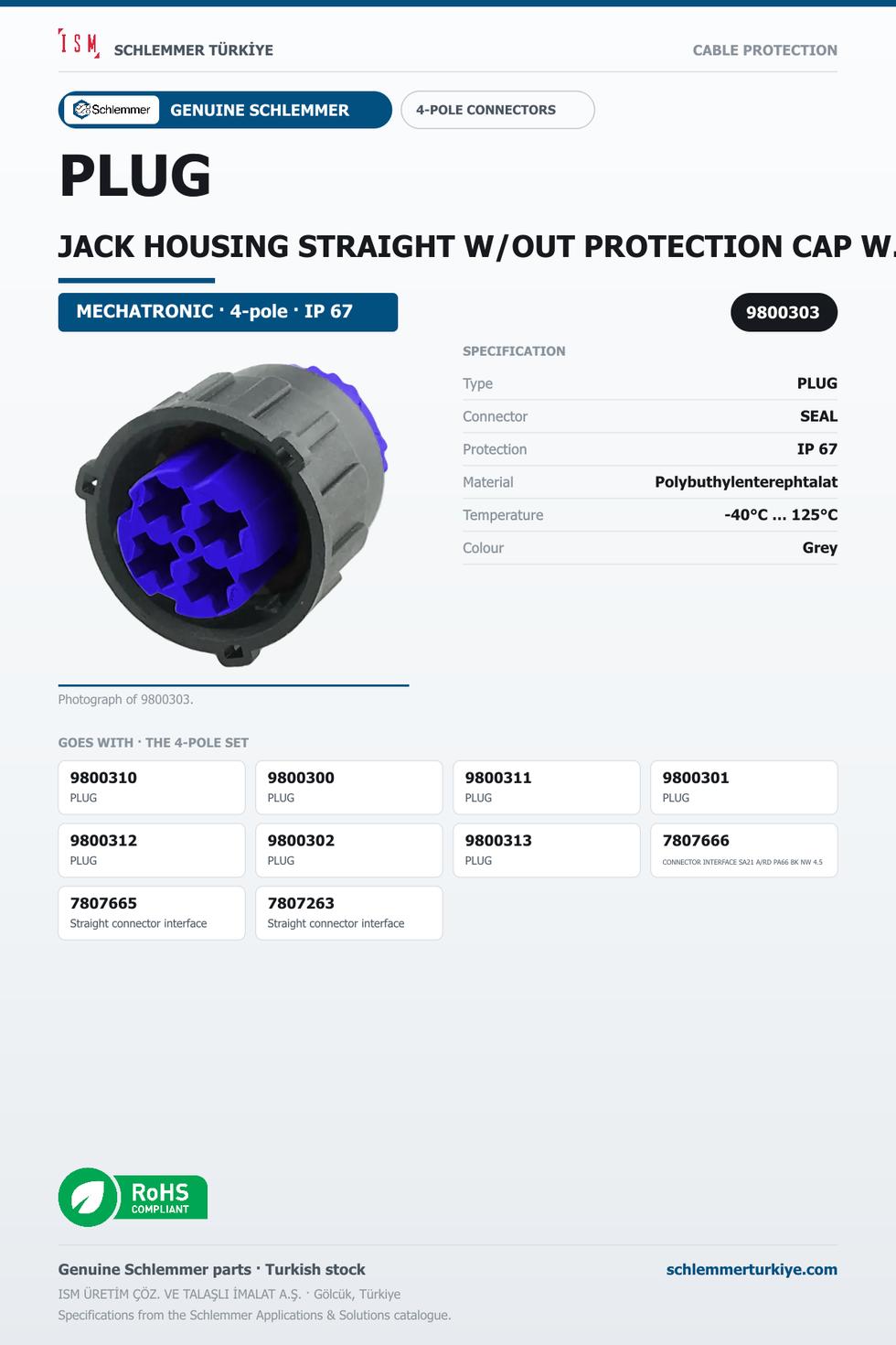 PLUG JACK HOUSING STRAIGHT W/OUT PROTECTION CAP WITH PRESSURE COMPANSATION 4-POL 4XØ2.5 PBP/PA6/SI BLUE/GREY