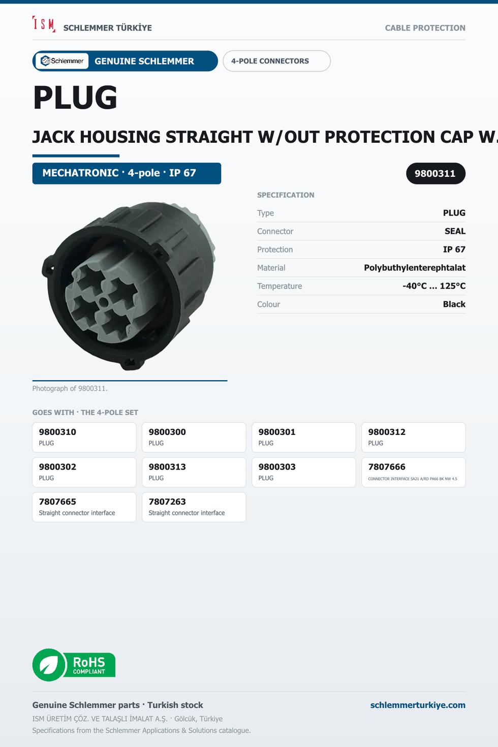 PLUG JACK HOUSING STRAIGHT W/OUT PROTECTION CAP W/OUT PRESSURE COMPANSATION 4-POL 4XØ2.5 PBP/PA6/SI BLACK/BLACK