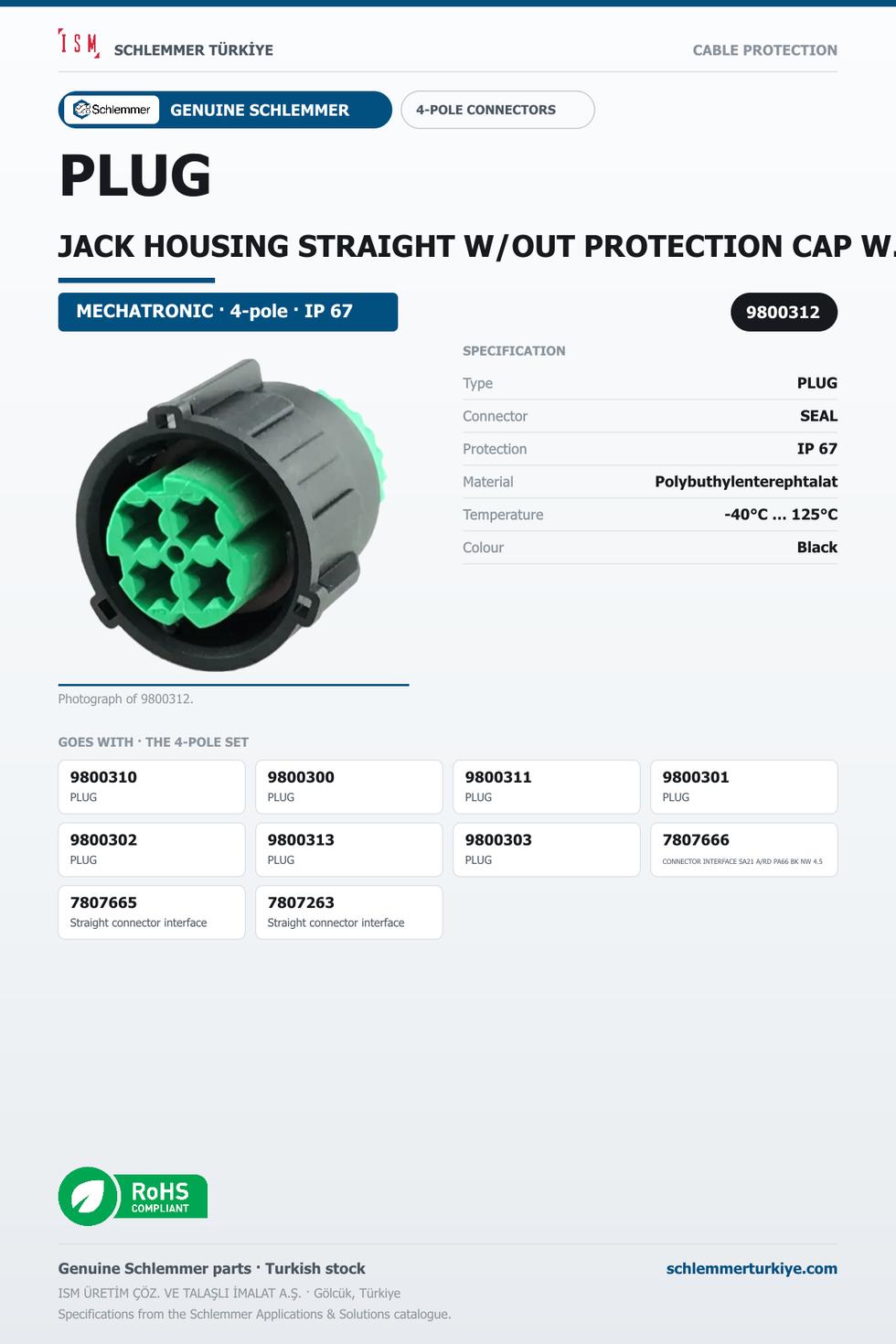 PLUG JACK HOUSING STRAIGHT W/OUT PROTECTION CAP W/OUT PRESSURE COMPANSATION 4-POL 4XØ2.5 PBP/PA6/SI GREEN/BLACK