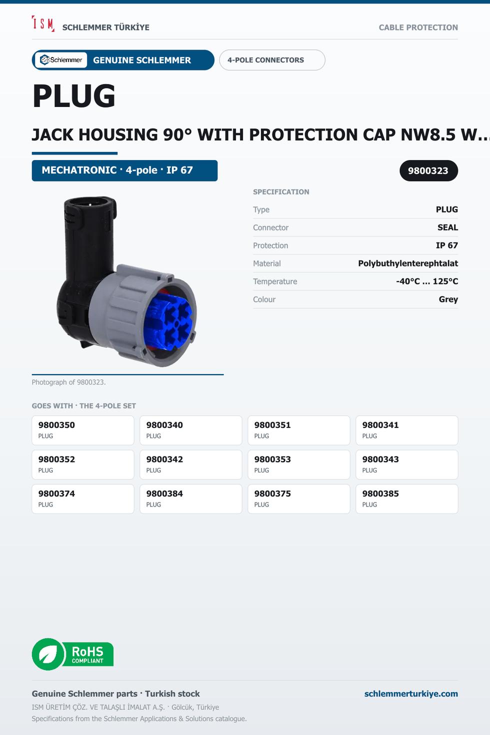 PLUG JACK HOUSING 90° WITH PROTECTION CAP NW8.5 WITH PRESSURE COMPANSATION 4-POL 4XØ2.5 PBP/PA6/SI BLUE/GREY