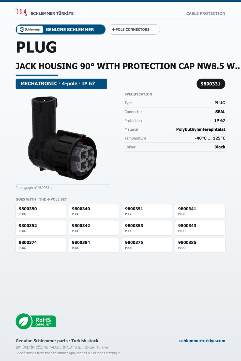 PLUG JACK HOUSING 90° WITH PROTECTION CAP NW8.5 W/OUT PRESSURE COMPANSATION 4-POL 4XØ2.5 PBP/PA6/SI BLACK/BLACK