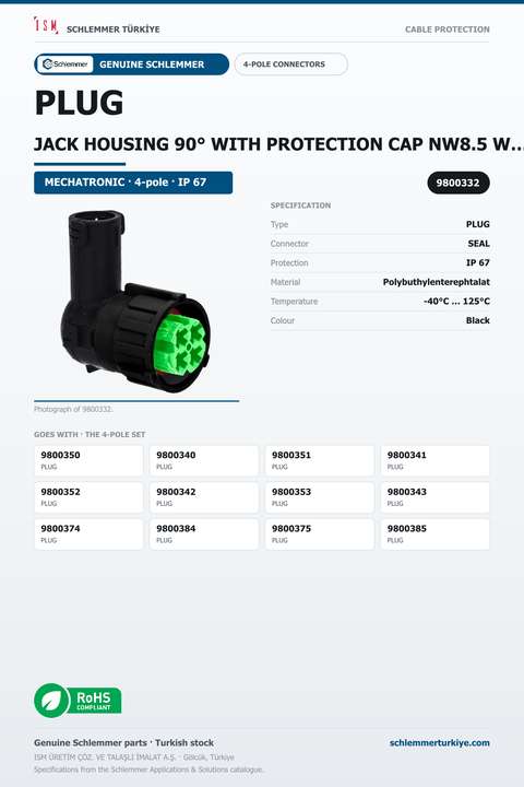 PLUG JACK HOUSING 90° WITH PROTECTION CAP NW8.5 W/OUT PRESSURE COMPANSATION 4-POL 4XØ2.5 PBP/PA6/SI GREEN/BLACK