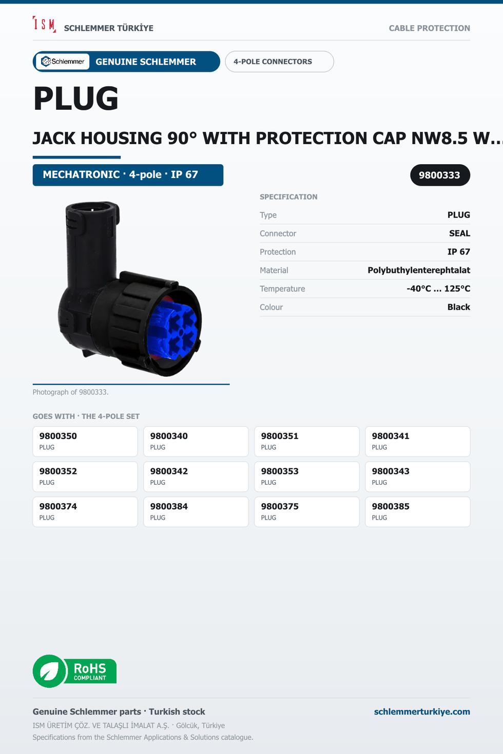 PLUG JACK HOUSING 90° WITH PROTECTION CAP NW8.5 W/OUT PRESSURE COMPANSATION 4-POL 4XØ2.5 PBP/PA6/SI BLUE/BLACK