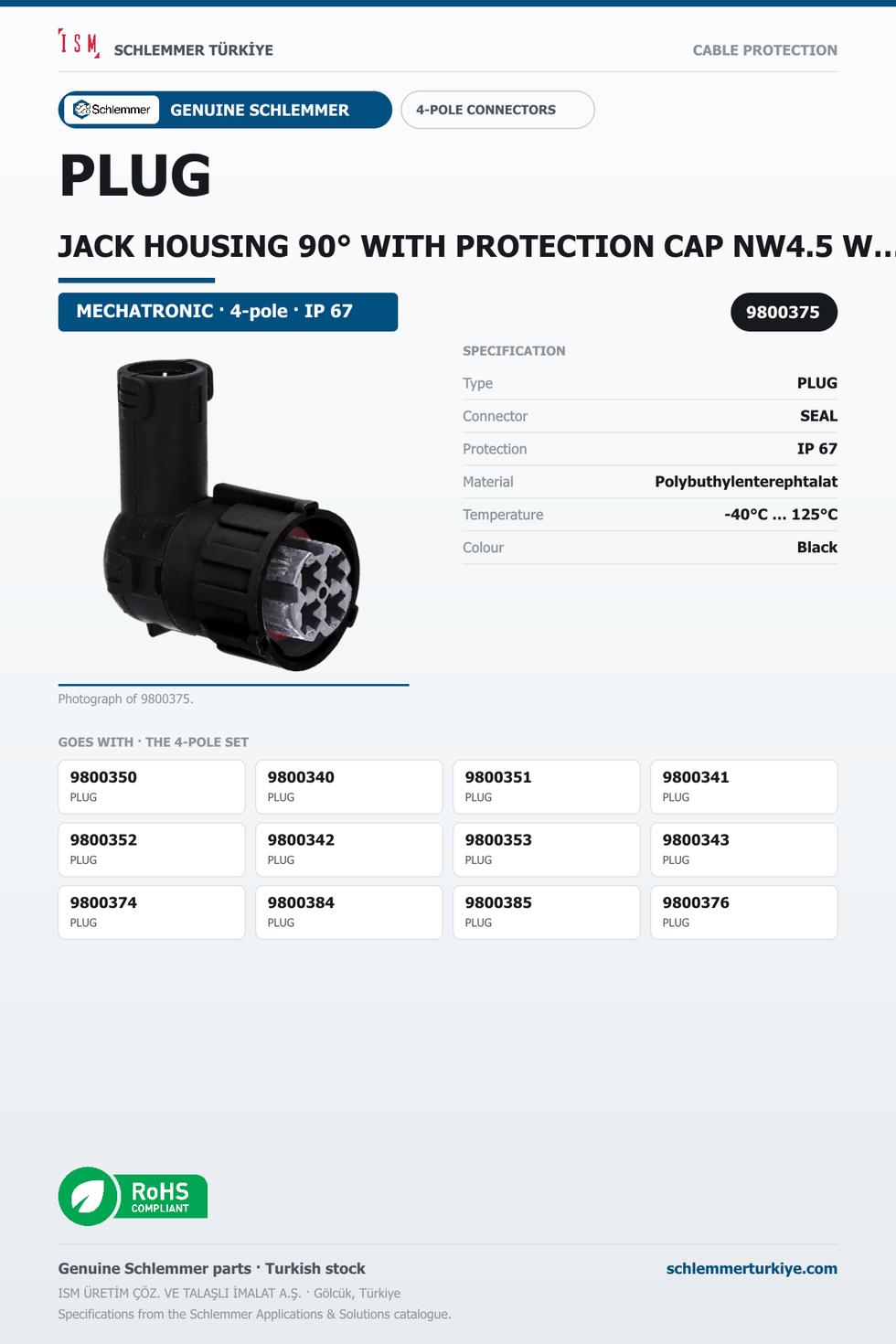 PLUG JACK HOUSING 90° WITH PROTECTION CAP NW4.5 W/OUT PRESSURE COMPANSATION 4-POL 4XØ2.5 PBP/PA6/SI BLACK/BLACK