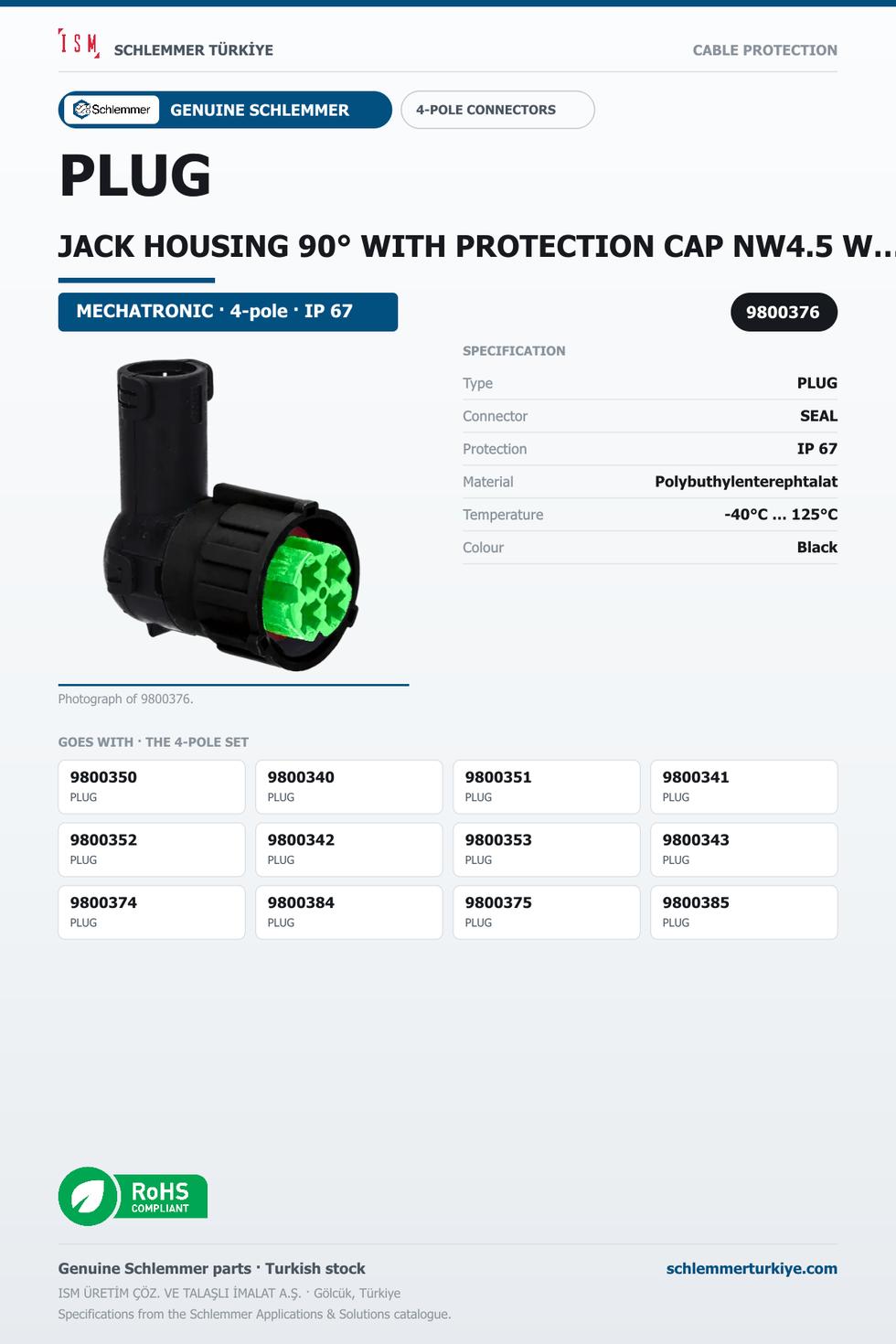 PLUG JACK HOUSING 90° WITH PROTECTION CAP NW4.5 W/OUT PRESSURE COMPANSATION 4-POL 4XØ2.5 PBP/PA6/SI GREEN/BLACK