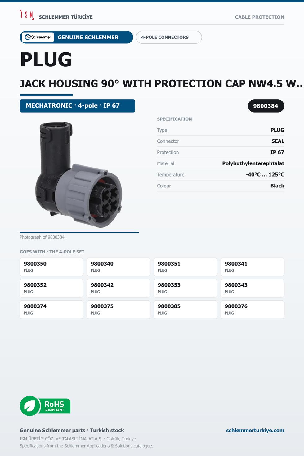 PLUG JACK HOUSING 90° WITH PROTECTION CAP NW4.5 WITH PRESSURE COMPANSATION 4-POL 4XØ2.5 PBP/PA6/SI BLACK/GREY