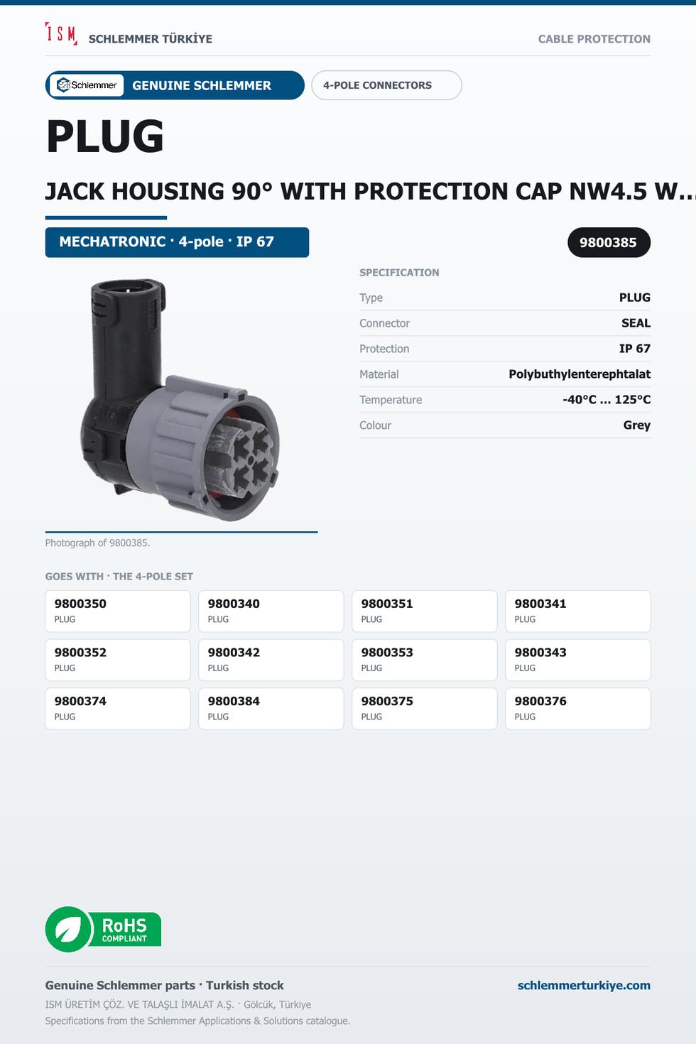 PLUG JACK HOUSING 90° WITH PROTECTION CAP NW4.5 WITH PRESSURE COMPANSATION 4-POL 4XØ2.5 PBP/PA6/SI GREY/GREY