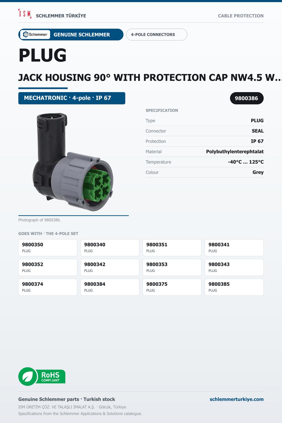 PLUG JACK HOUSING 90° WITH PROTECTION CAP NW4.5 WITH PRESSURE COMPANSATION 4-POL 4XØ2.5 PBP/PA6/SI GREEN/GREY