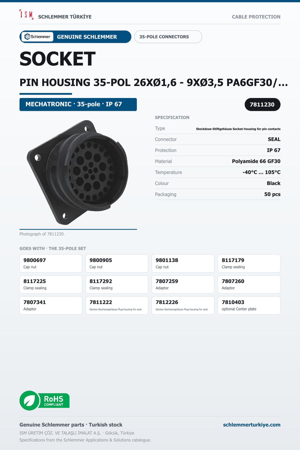 SOCKET PIN HOUSING 35-POL 26XØ1,6 - 9XØ3,5 PA6GF30/SI BLACK